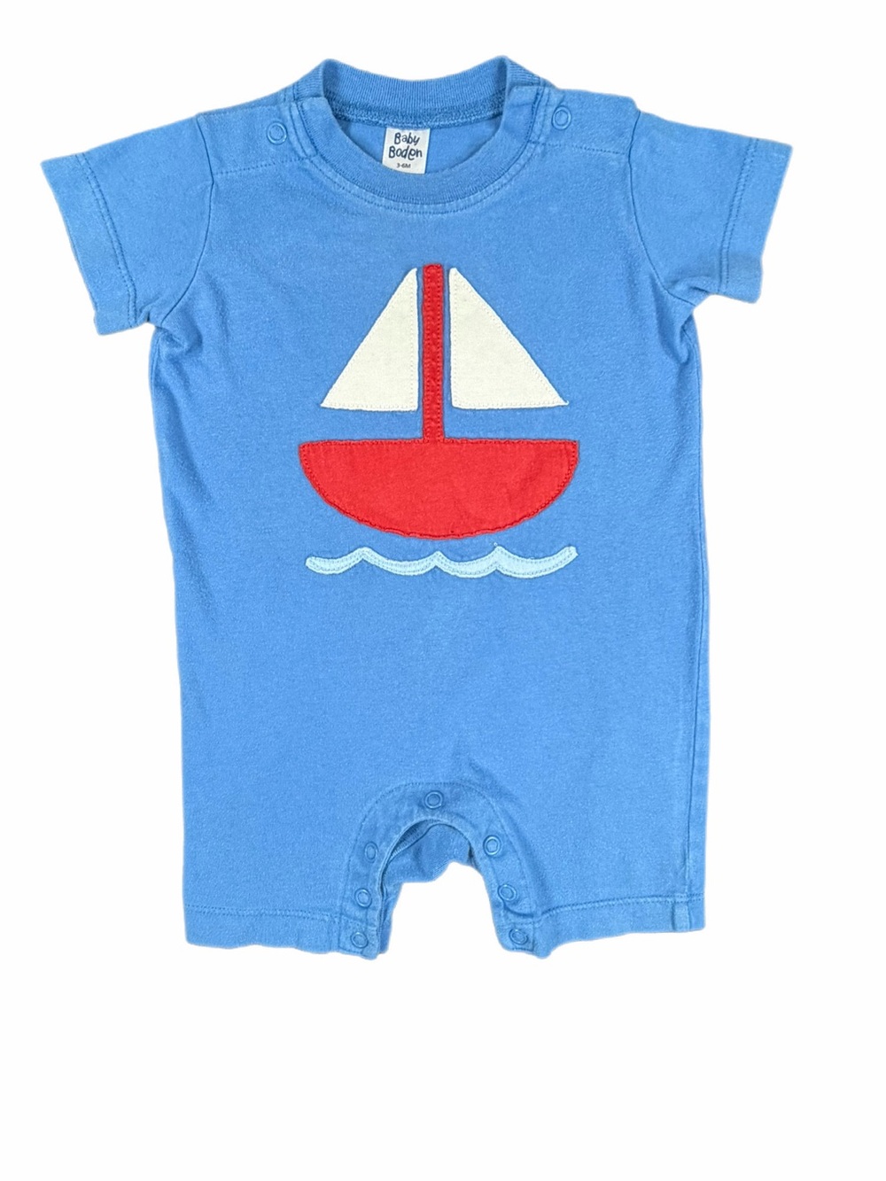 BABY BODEN Blue Cotton Sailboat Appliqué Shortie Romper - 3-6M